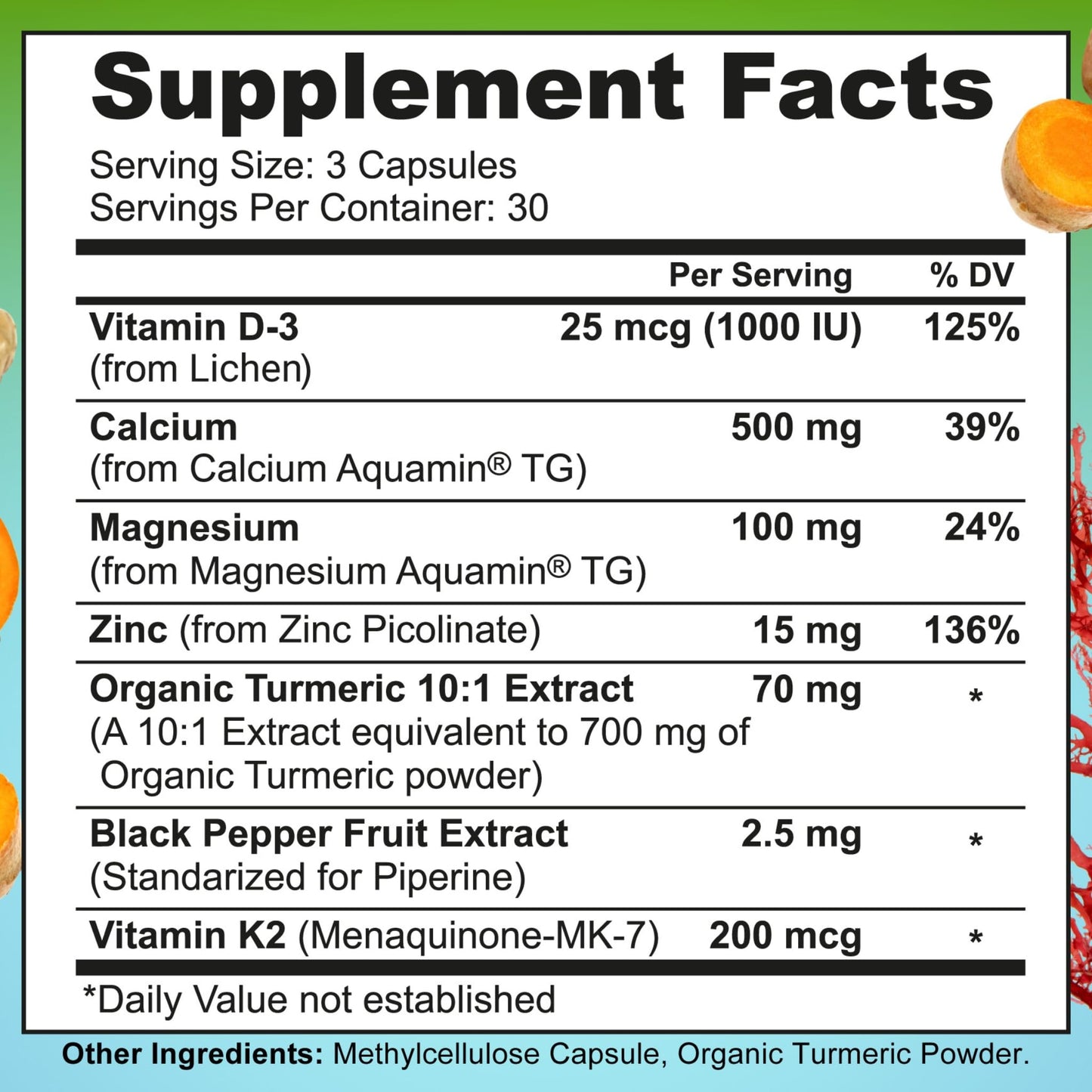 Plant-Based Calcium 500mg (Aquamin) – Vegan CaMgZnD3 + K2, Turmeric (90 ct)