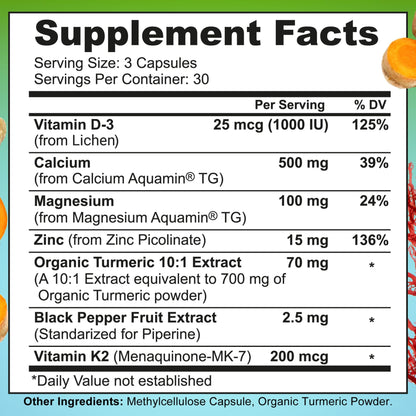 Plant-Based Calcium 500mg (Aquamin) – Vegan CaMgZnD3 + K2, Turmeric (90 ct)