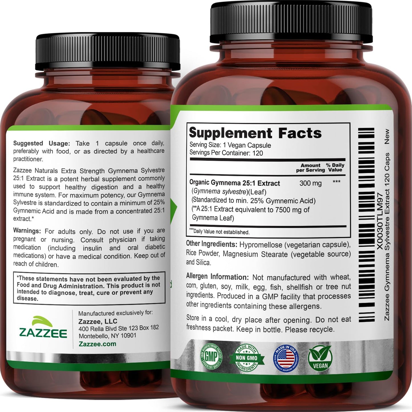 Zazzee Organic Gymnema Sylvestre 25:1 Extract – 7500 mg per Serving, 25% Gymnemic Acid, 120 Vegan Capsules