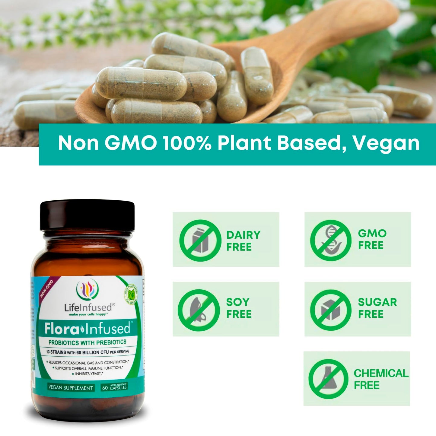 Life Infused Flora Infused Probiotics with Prebiotics - 50 Billion CFU, 13 Strains, Enzyme Blend - Vegan - 60 Capsules