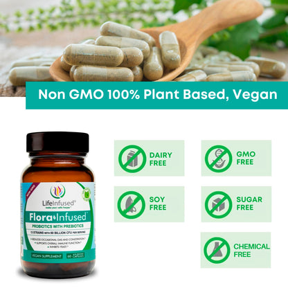Life Infused Flora Infused Probiotics with Prebiotics - 50 Billion CFU, 13 Strains, Enzyme Blend - Vegan - 60 Capsules