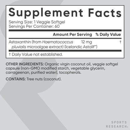Sports Research Triple Strength Vegan Astaxanthin 12mg - Algae-Based, Non-GMO, 60 Softgels