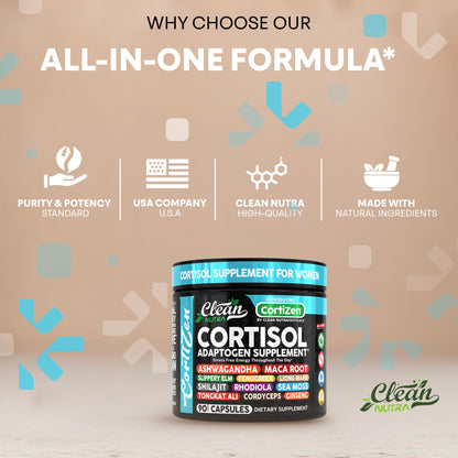 Clean Nutra Cortisol Supplements For Women | Maca Root Ashwagandha Cortisol Detox Manager Reducer + Slippery Elm Fenugreek Lions Mane Shilajit Rhodiola Sea Moss Tongkat Ali Cordyceps Ginseng Beet Root