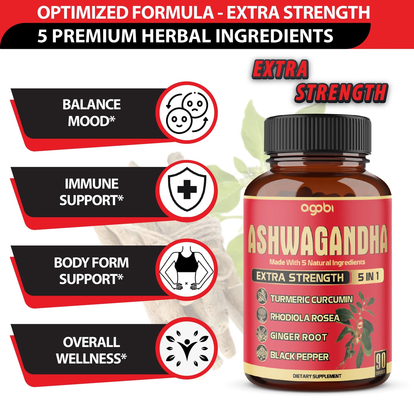 90 Capsules Ashwagandha Supplement with Ginger Root, Turmeric, Rhodiola Rosea & Black Pepper