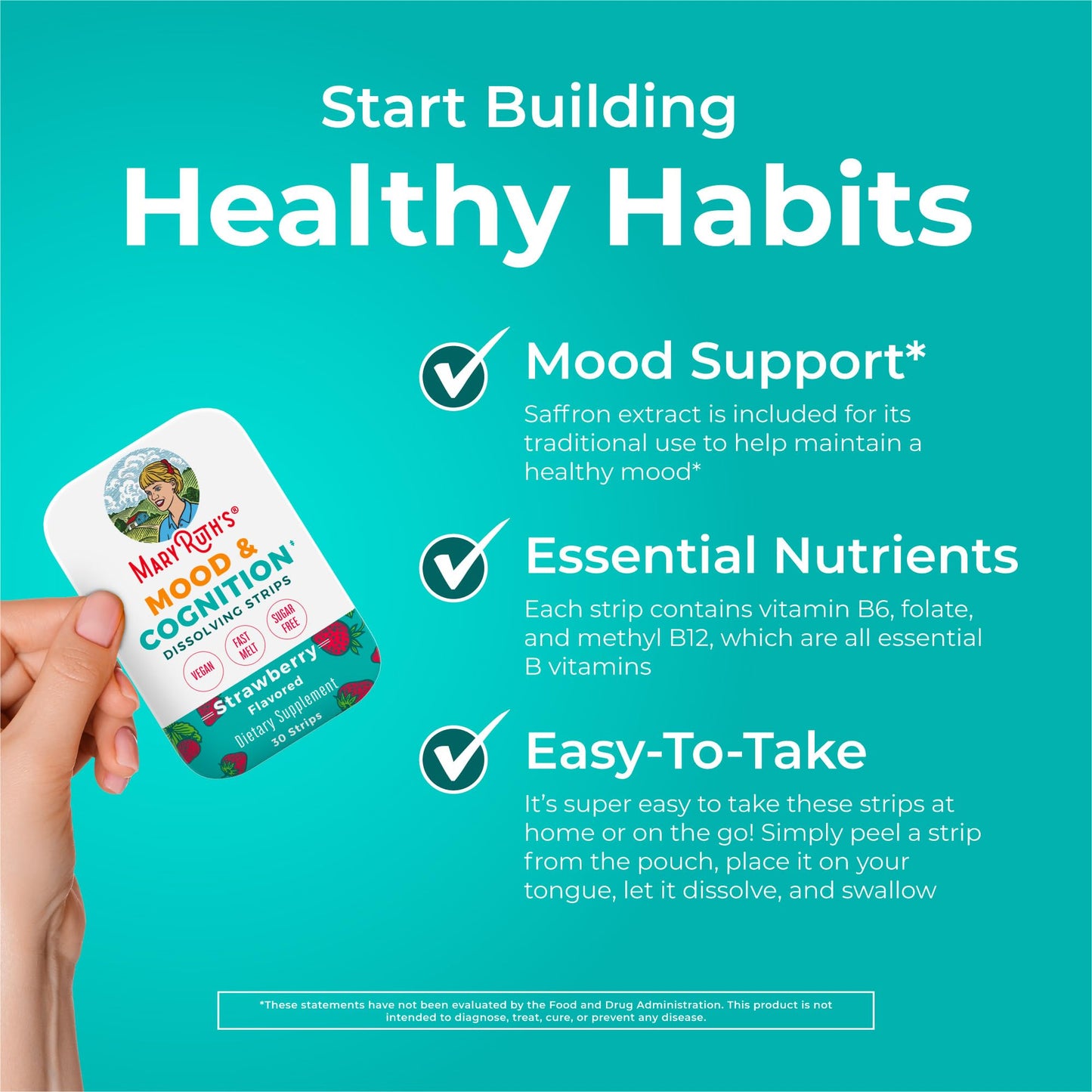 Mood & Cognition Dissolving Strips by MaryRuth's – B Vitamins, Saffron, Strawberry