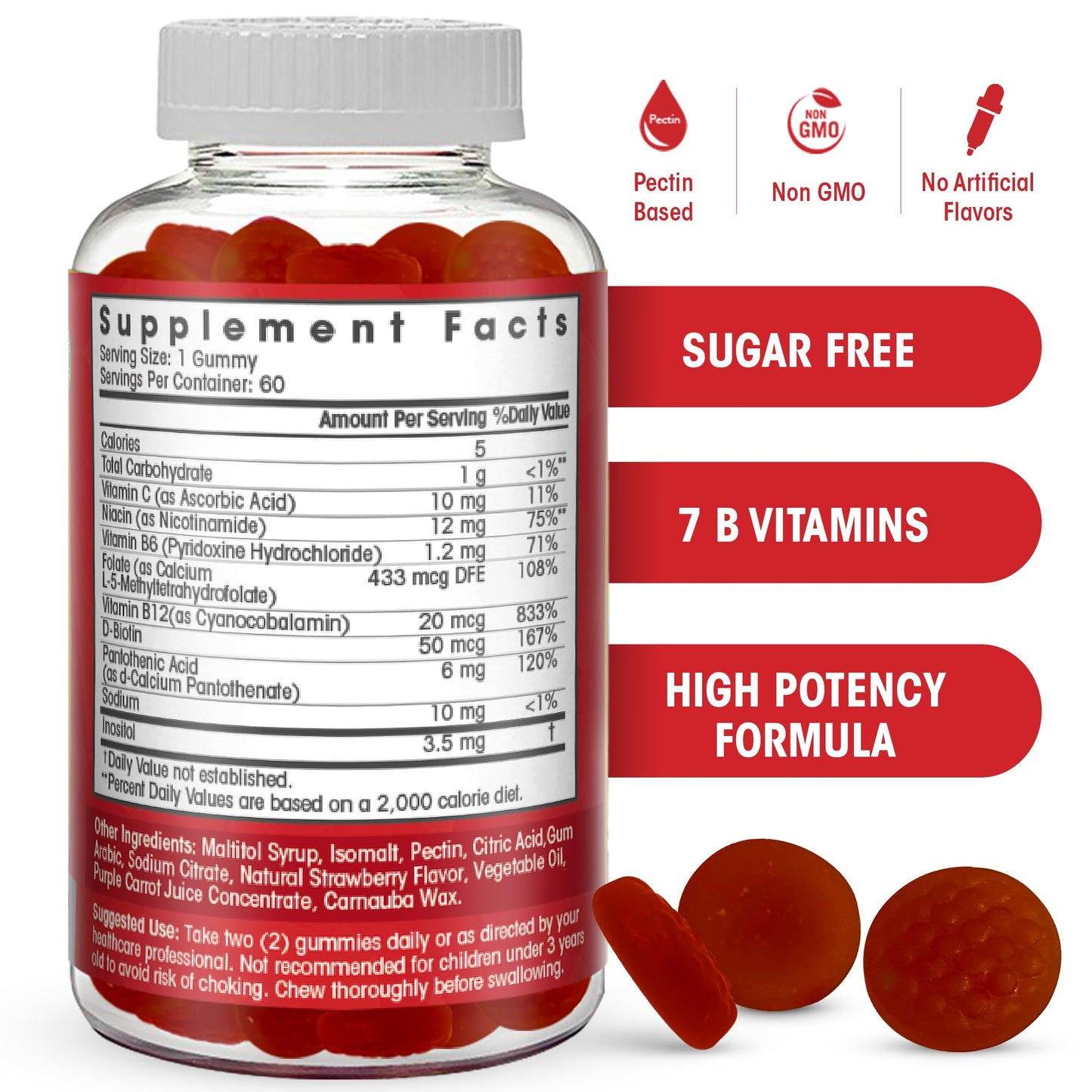 Sugar Free Vitamin B Complex Gummies - B12, B6, B3, B7, B9 | Prenatal, Vegan, Elderly