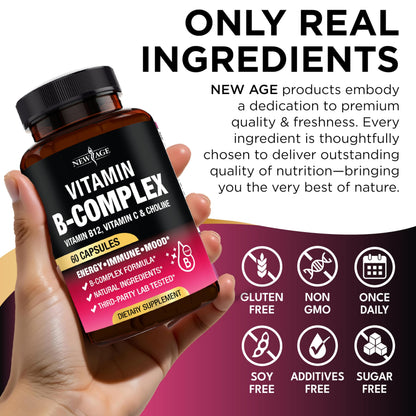 Vitamin B Complex for Men & Women – Made in USA | B-Complex with B1–B12, Vitamin C, Choline & Inositol – 60 Vegan Capsules