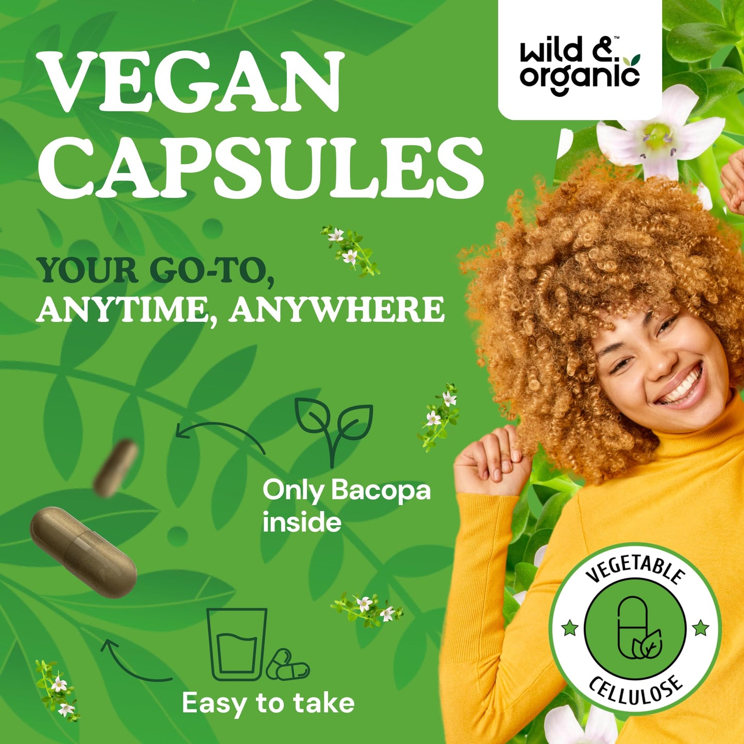 Wild & Organic Bacopa Monnieri Capsules 600 mg | Brain Support | 120-Count | Vegan