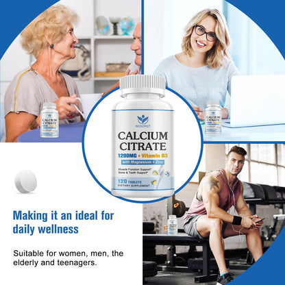 Calcium Citrate 1200mg with Vitamin D3 | Vegan Calcium Magnesium Zinc for Bone & Immune Support – 120 Tablets