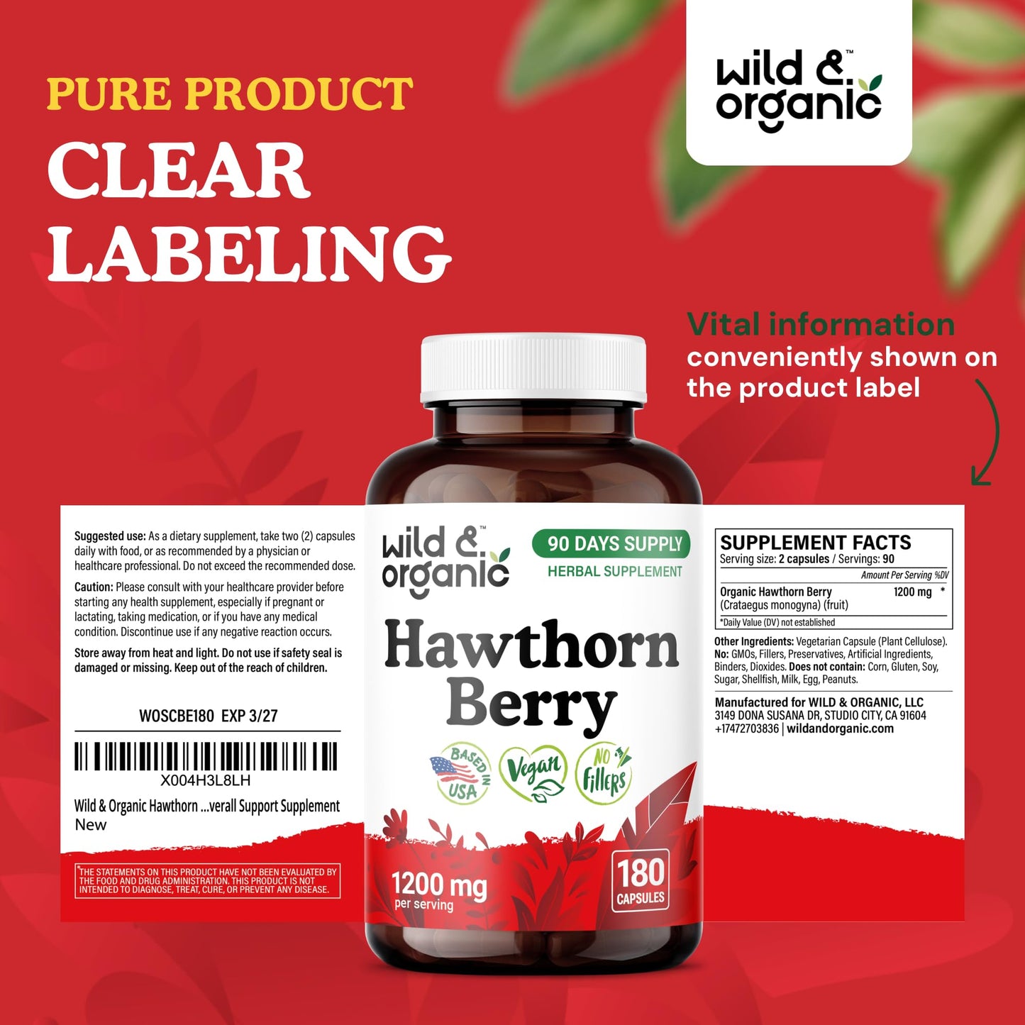 Wild & Organic Hawthorn Berry Capsules 1200 mg - 180 Count | Vegan, Non-GMO
