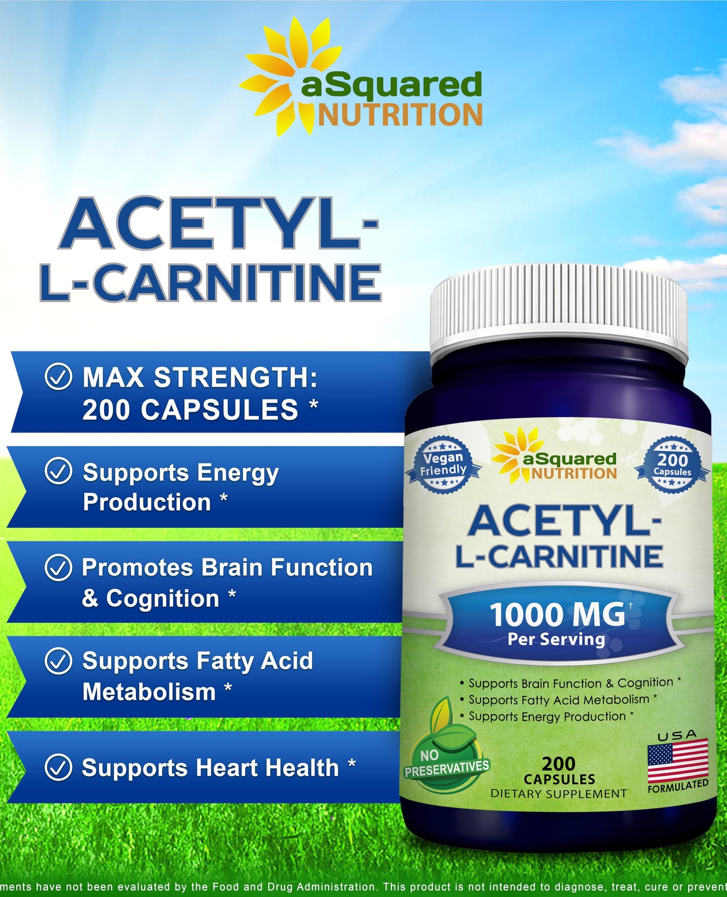 aSquared Nutrition Acetyl L-Carnitine 1000mg - 200 Veggie Capsules | High-Dose ALCAR for Energy & Brain Support