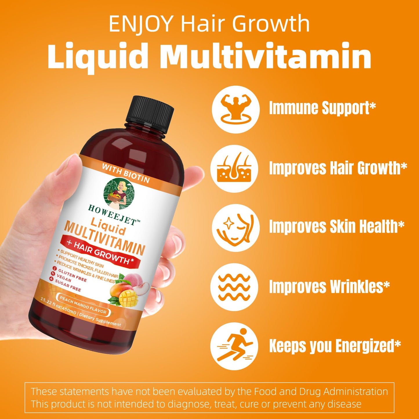 Liquid Multivitamin for Hair Growth – Biotin 10000mcg | Hair & Skin Support | Clinically Tested | 15.22 Fl Oz | For Women & Men 18+