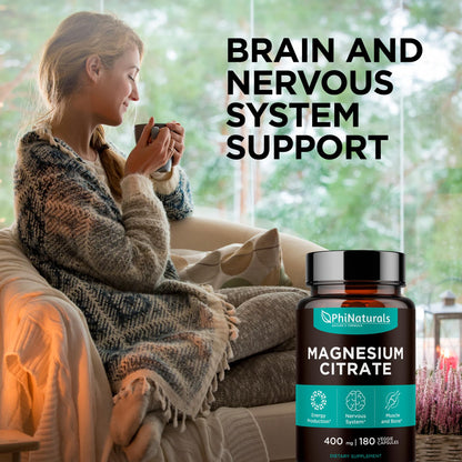Magnesium Citrate Capsules 400 mg – 180 Veg Caps – Nervous System Support and Enzyme Function | PhiNaturals