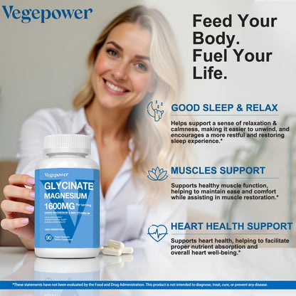 Magnesium Glycinate Capsules 200mg | Chelated Mg Bisglycinate + Vitamin D3, B6 & Zinc | Vegan 180 VegCaps