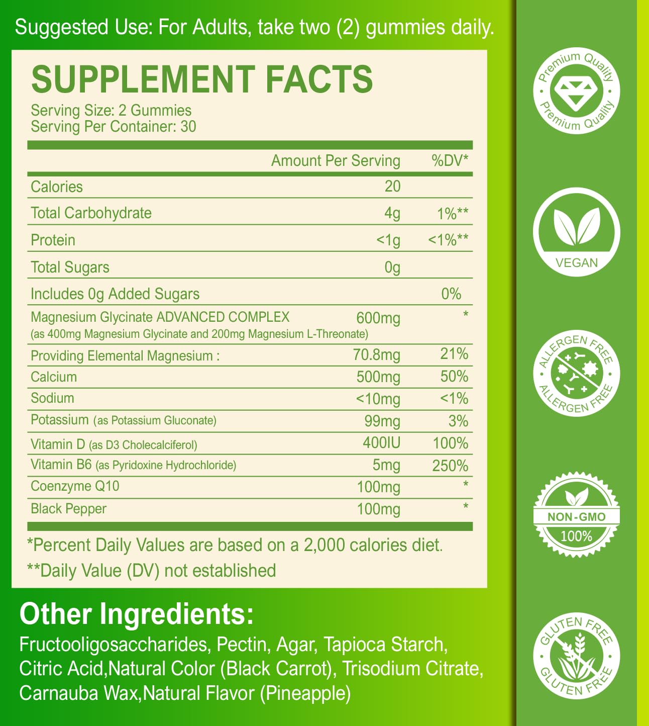 Sugar Free Magnesium Glycinate Gummies – 400mg Glycinate + 200mg L-Threonate, 60 Gummies
