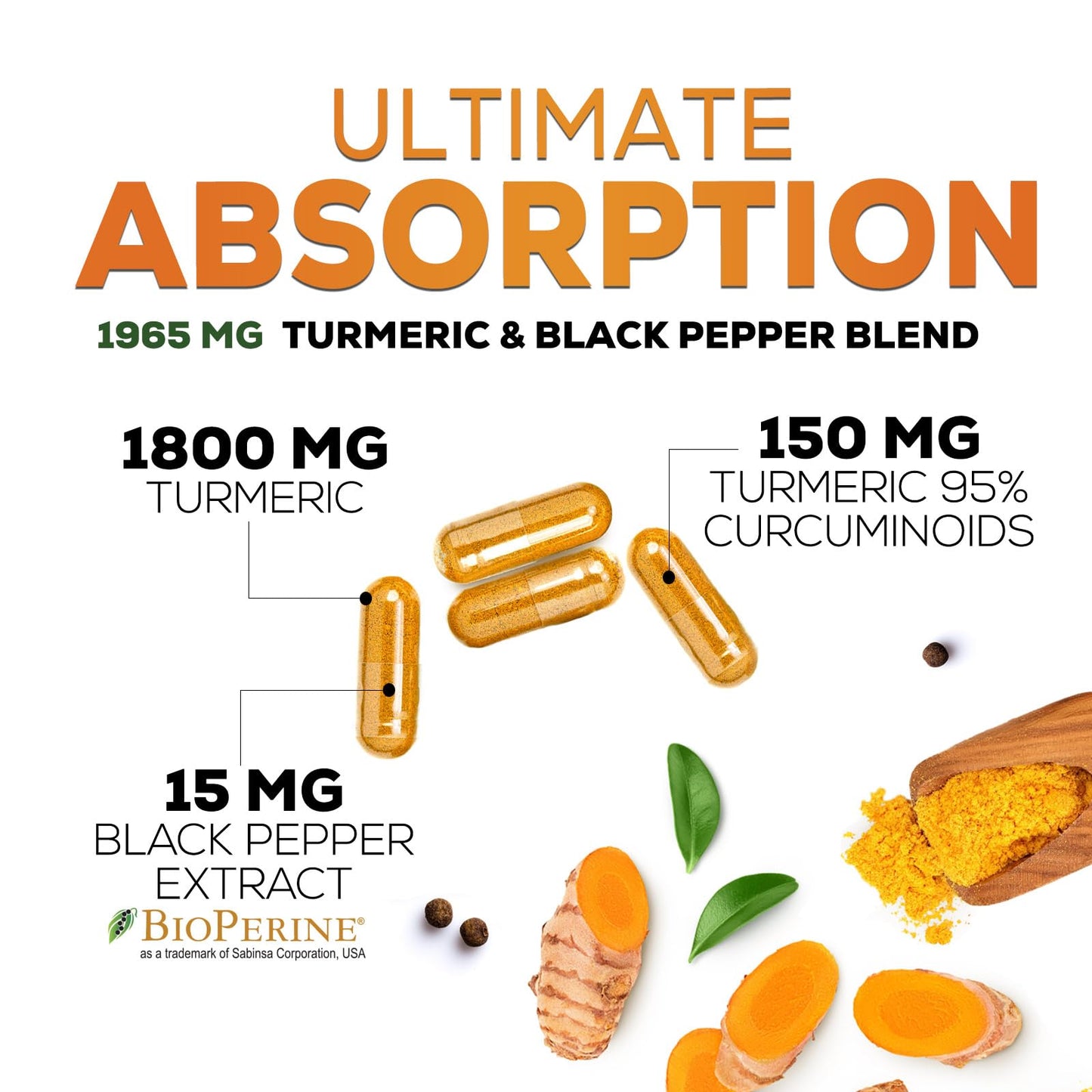 Turmeric Curcumin 1950mg with BioPerine - 95% Curcuminoids | Made in USA | 60 Capsules