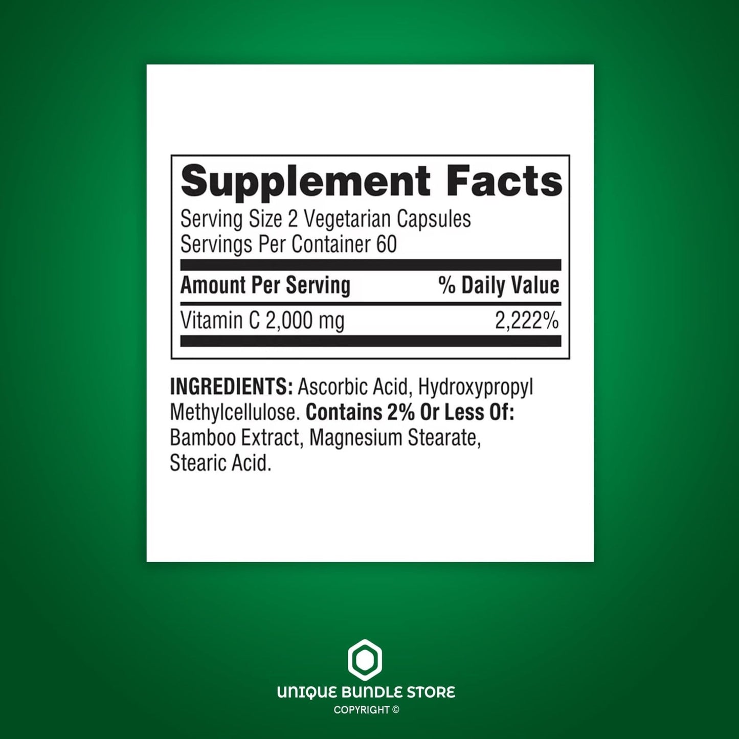 Ultra Strength Vitamin C 2000mg - 120 Capsules | Vegan Dietary Supplement