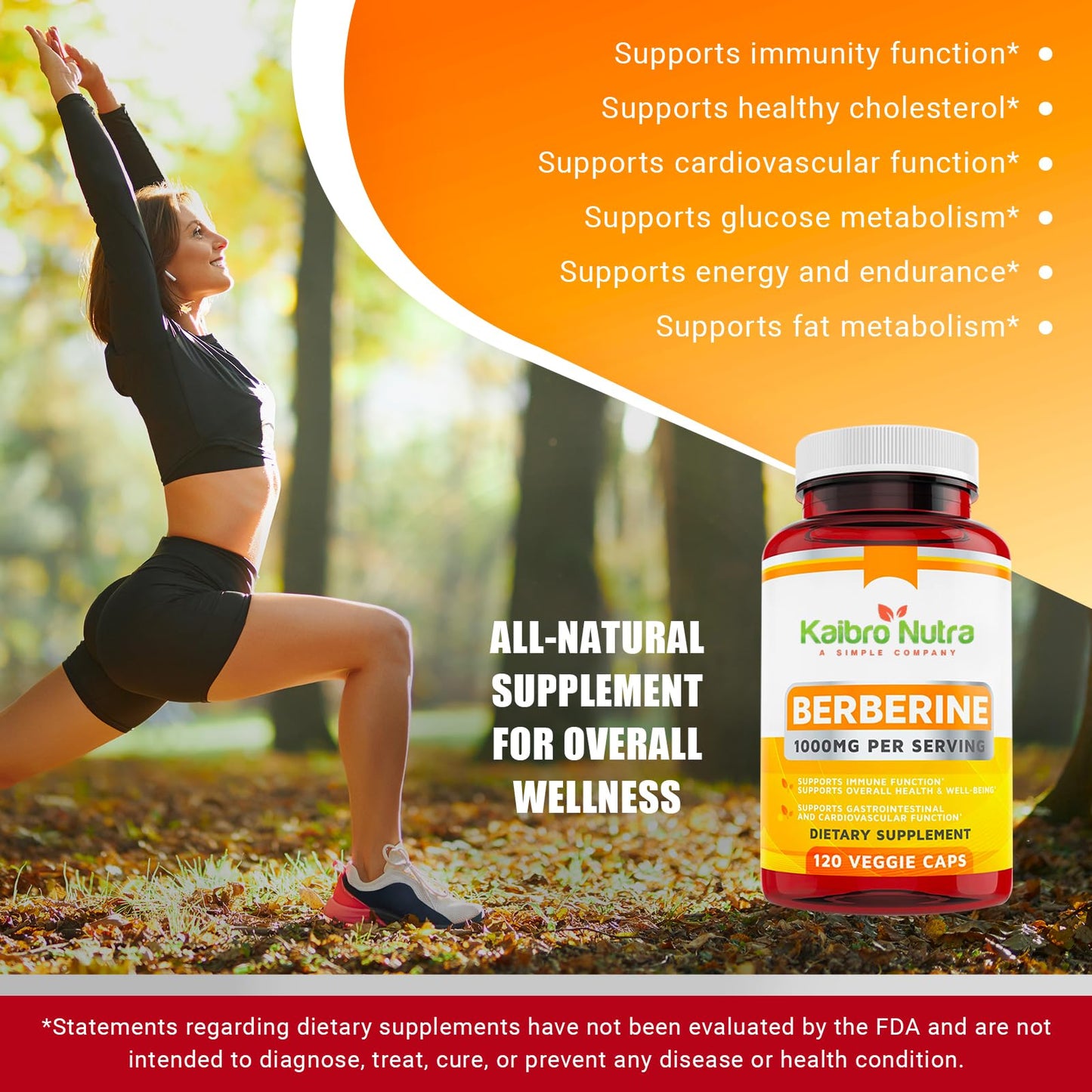 Kaibro Nutra Berberine 1000mg Supplement – Immune, Glucose & Circulatory Health | Vegan & Gluten-Free, 120 Capsules