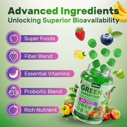 Super Greens Gummies – Spirulina & Chlorella with Probiotics & Prebiotic Fiber (60 Ct)