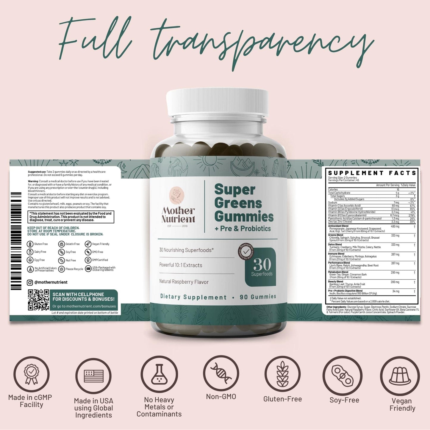 Mother Nutrient Super Greens Gummies – Women & Adults, 30 Superfoods, 90 Gummies
