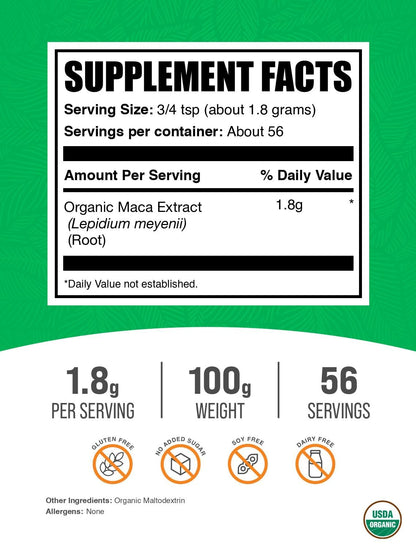 BulkSupplements Organic Maca Root Extract Powder – 100g, Vegan & Gluten Free | 1.8 g per Serving