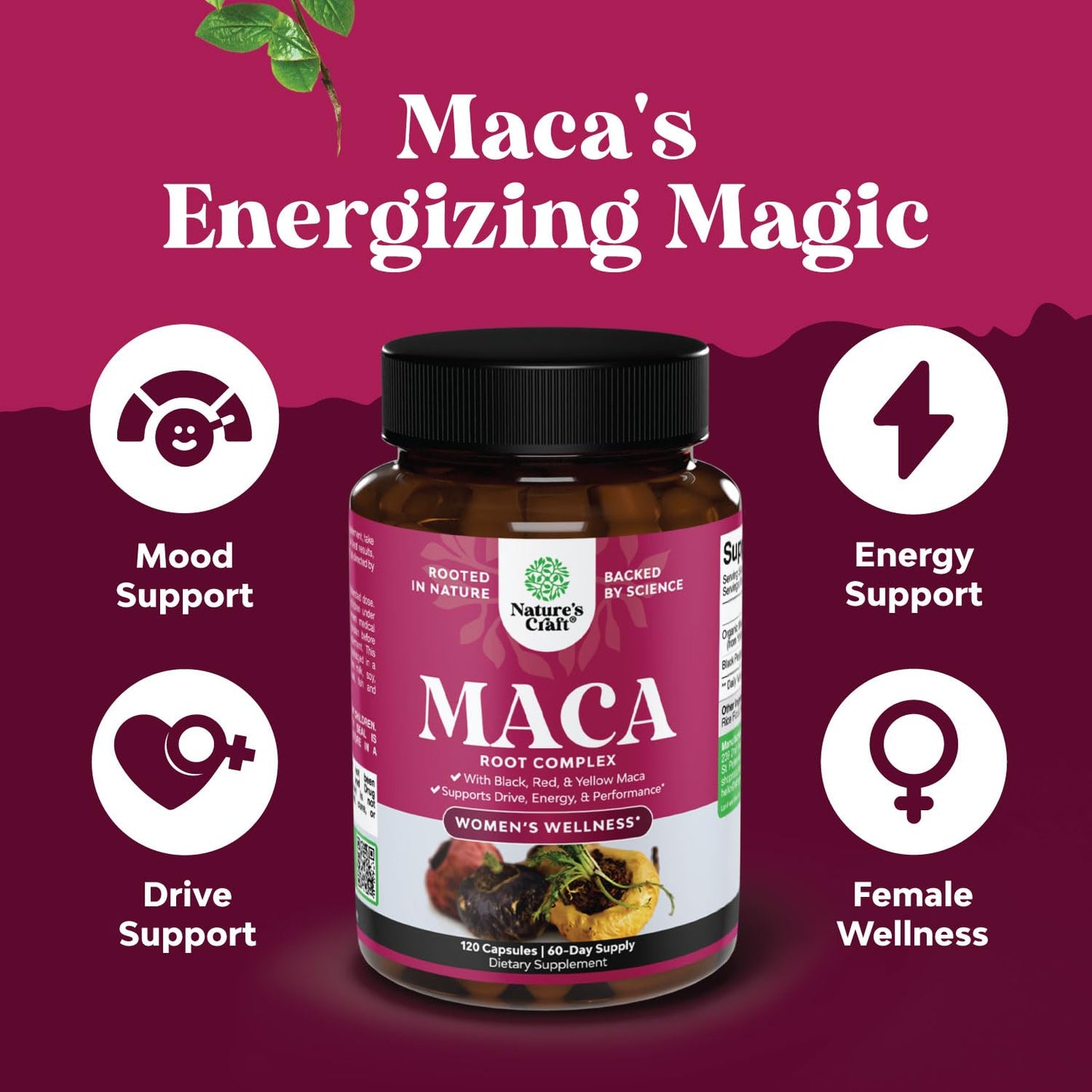 Organic Maca Root Capsules for Women – Non-GMO, Vegan, Gluten-Free (120ct)