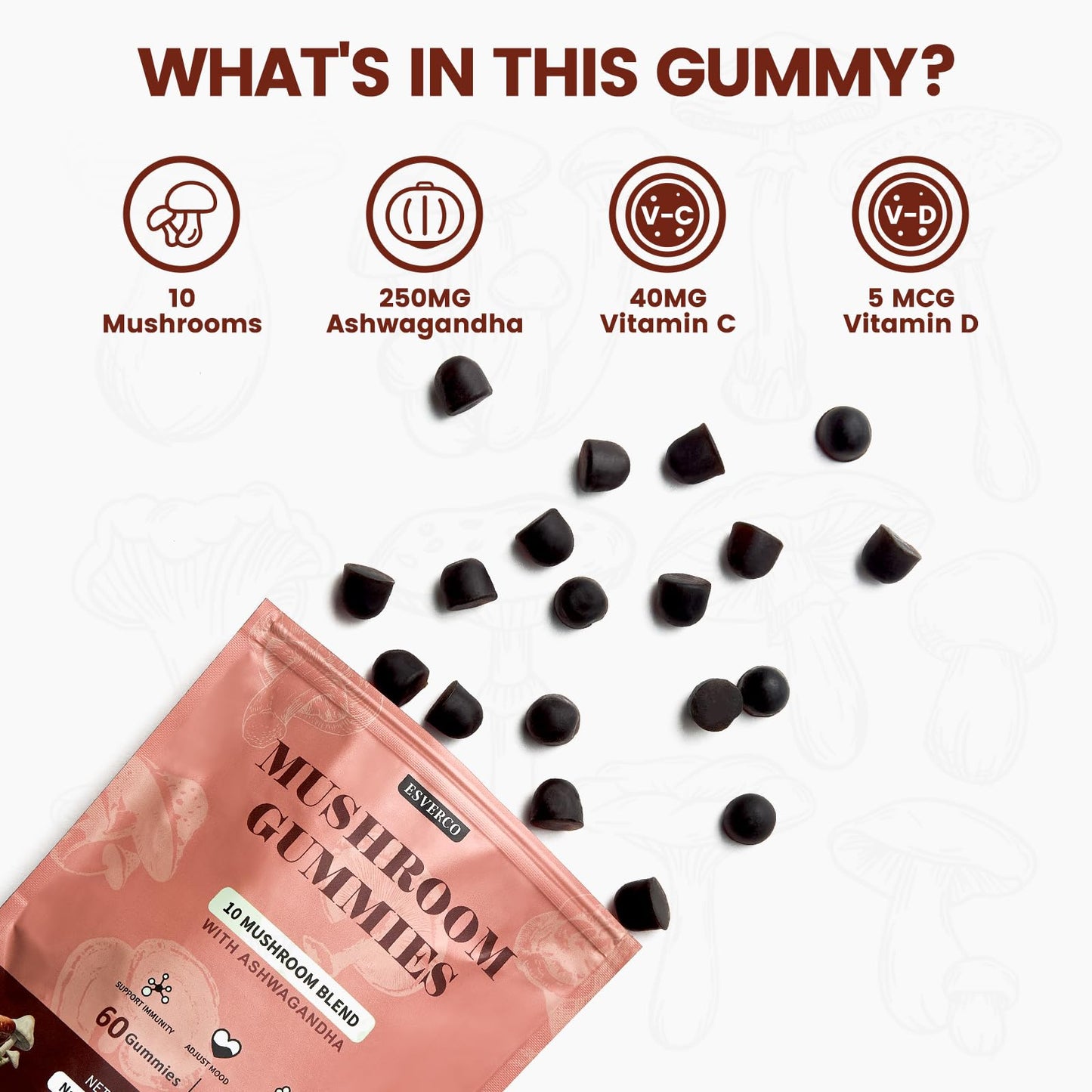 Lions Mane Mushroom Gummies with Ashwagandha | 4000mg 10-Mushroom Complex | 60 Count