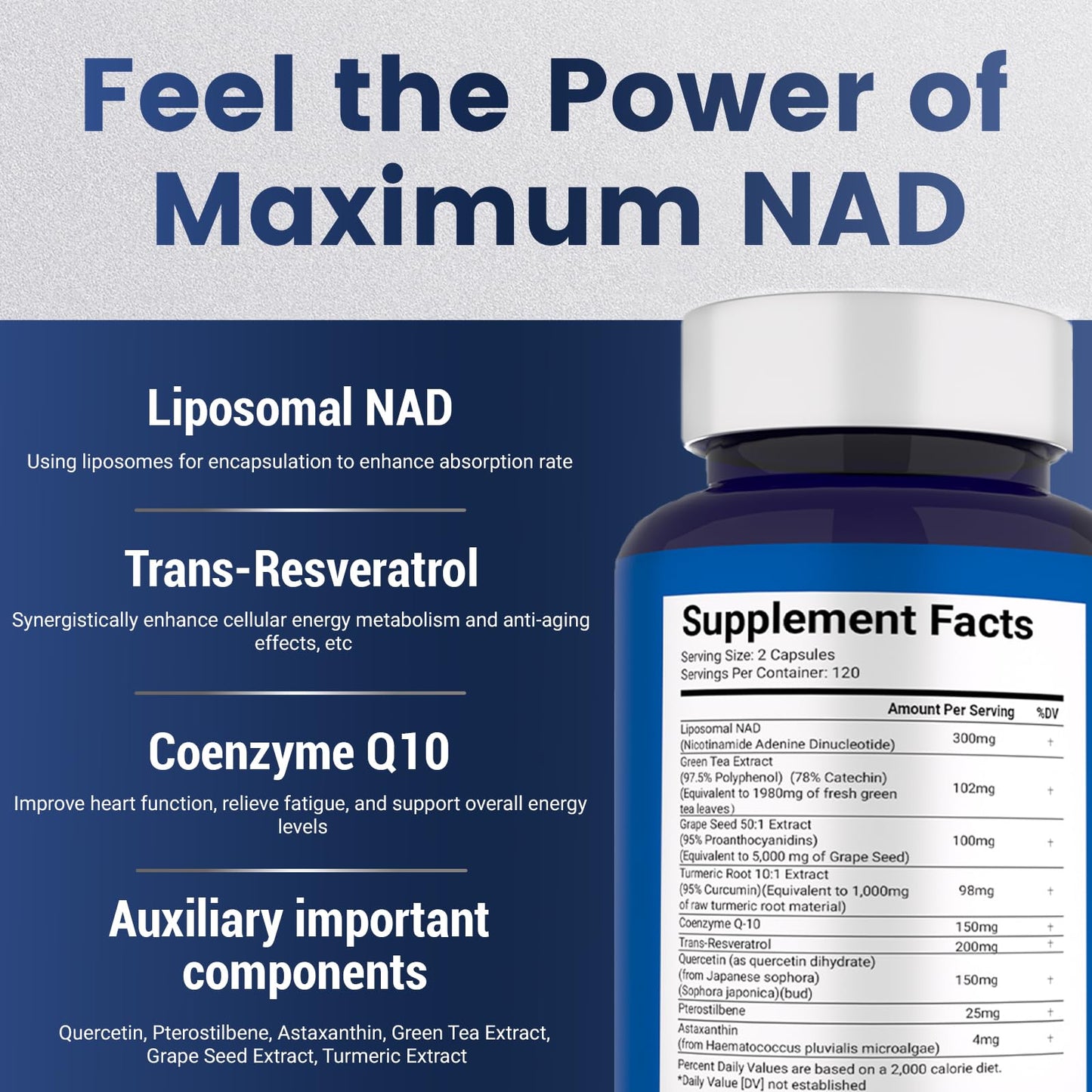 NAD+ Supplement 8,809mg with Liposomal NAD & Resveratrol – 120 Capsules for Cellular Health, Stamina & Healthy Aging | Vegan & Gluten-Free