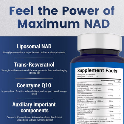 NAD+ Supplement 8,809mg with Liposomal NAD & Resveratrol – 120 Capsules for Cellular Health, Stamina & Healthy Aging | Vegan & Gluten-Free