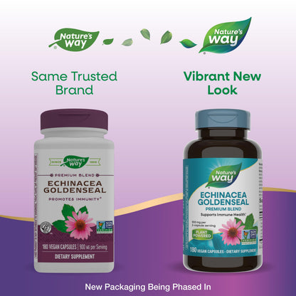 Nature's Way Echinacea Goldenseal Premium Blend – Immune Support, 900 mg/2-Capsule, 180 Vegan Capsules, Non-GMO Project Verified