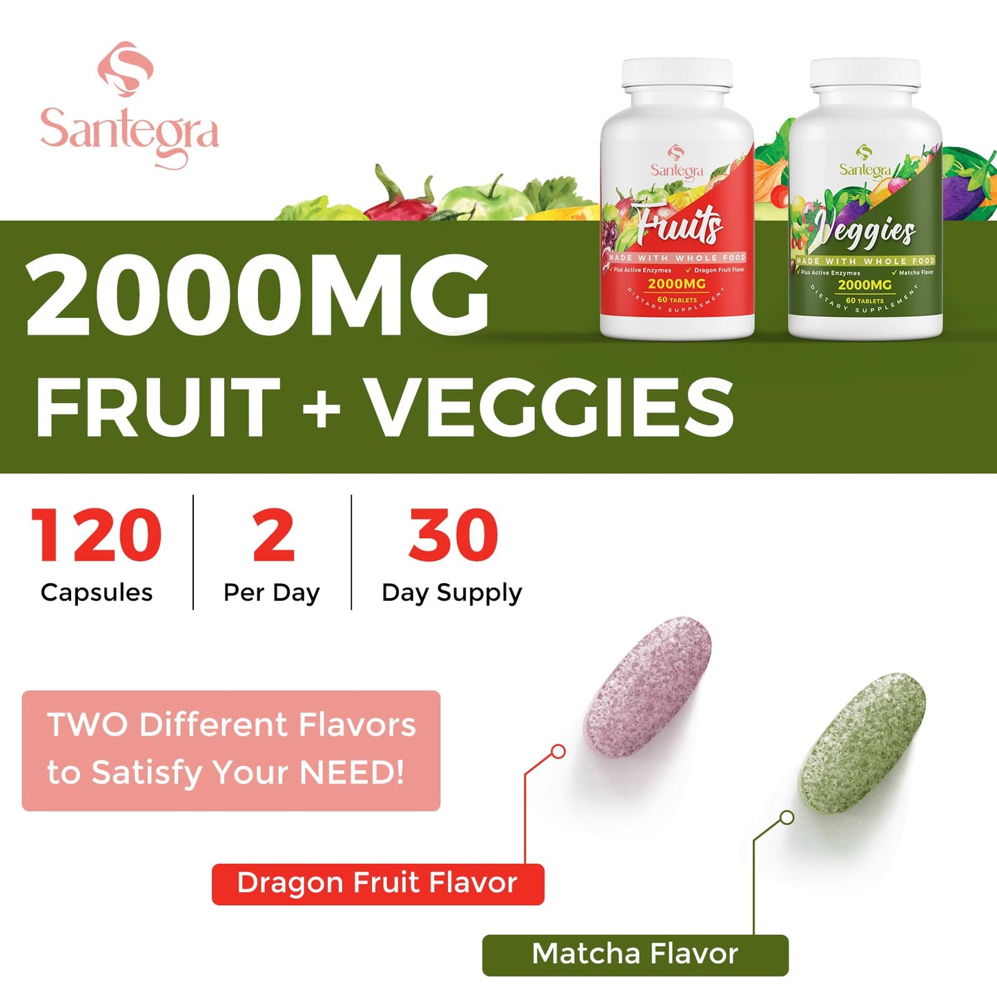 2000 MG Fruit & Veggies Supplement – 35+ Fruits & Vegetables, 120 Tablets