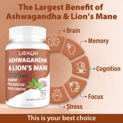 Ashwagandha & Lions Mane Capsules for Memory, Focus – 90 Caps