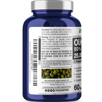 NusaPure Olive Leaf 50:1 Extract – 500 mg per Capsule (Equivalent to 25,000 mg) | 50% Oleuropein, Vegan, No Oil, 60 Capsules (Pack of 2)