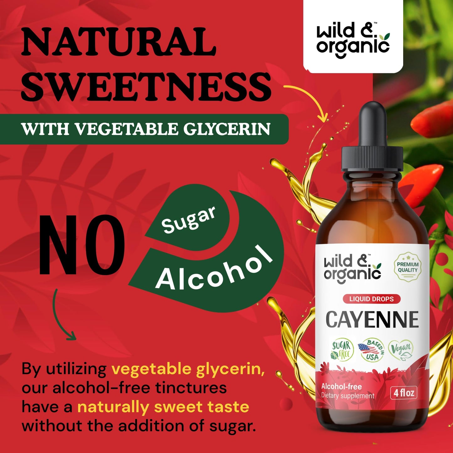 Wild & Organic Cayenne Pepper Tincture - Digestive Support, Vegan & Alcohol-Free - 4 fl oz