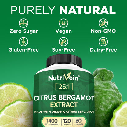 Nutrivein Premium Citrus Bergamot Supplement 1400mg 25:1 Bergamia Extract – 60 Day Supply (120 Capsules) | Heart & Circulatory Support