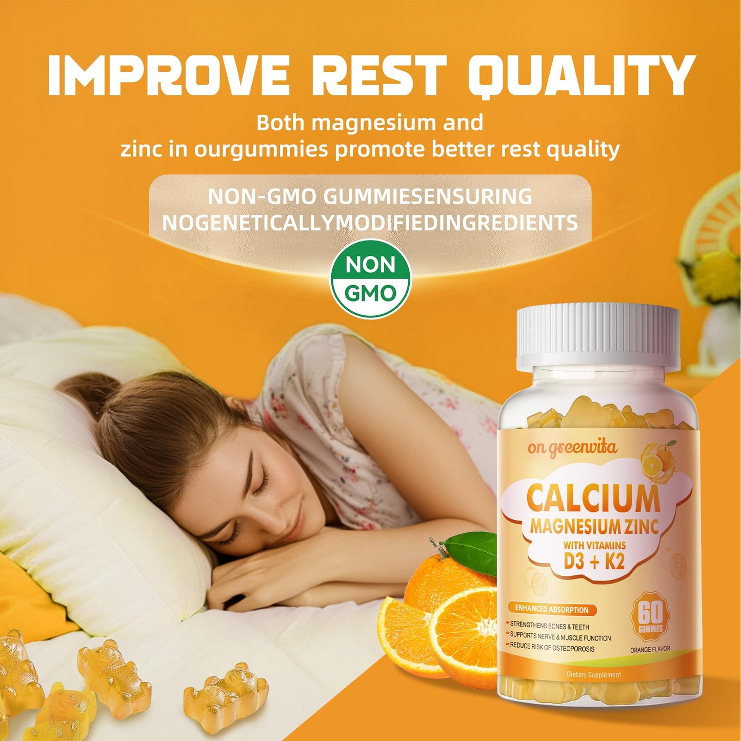 Calcium Magnesium Zinc Gummies with Vitamin D3 & K2 - High Potency, Enhanced Absorption - 120 Orange Gummies
