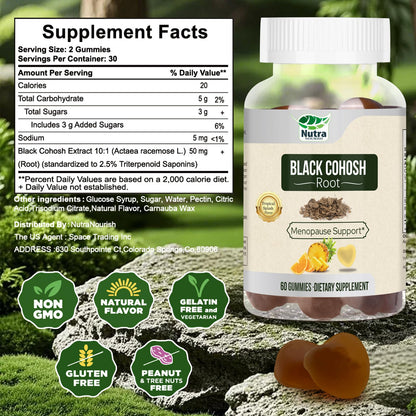 Black Cohosh Gummies for Menopause - Natural Relief, Mood & Hormone Balance - Vegan-Free 60 Gummies