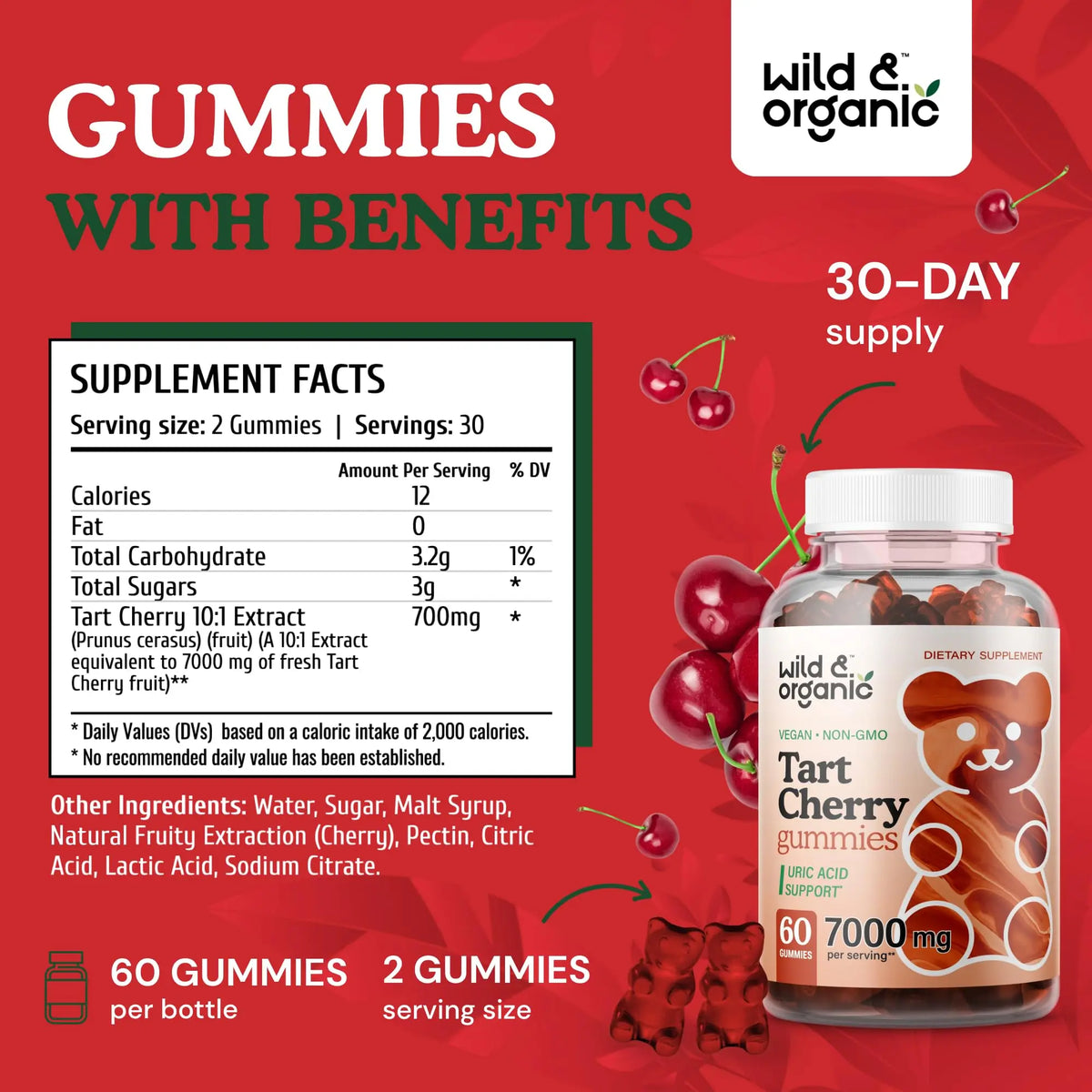 Wild & Organic Tart Cherry Gummies 7000 mg - Tart Cherry Extract for Uric Level Support - 60 Vegan, Non-GMO Chews (Pack of 2) BritishVita | Premium UK Vitamins & Wellness Supplements