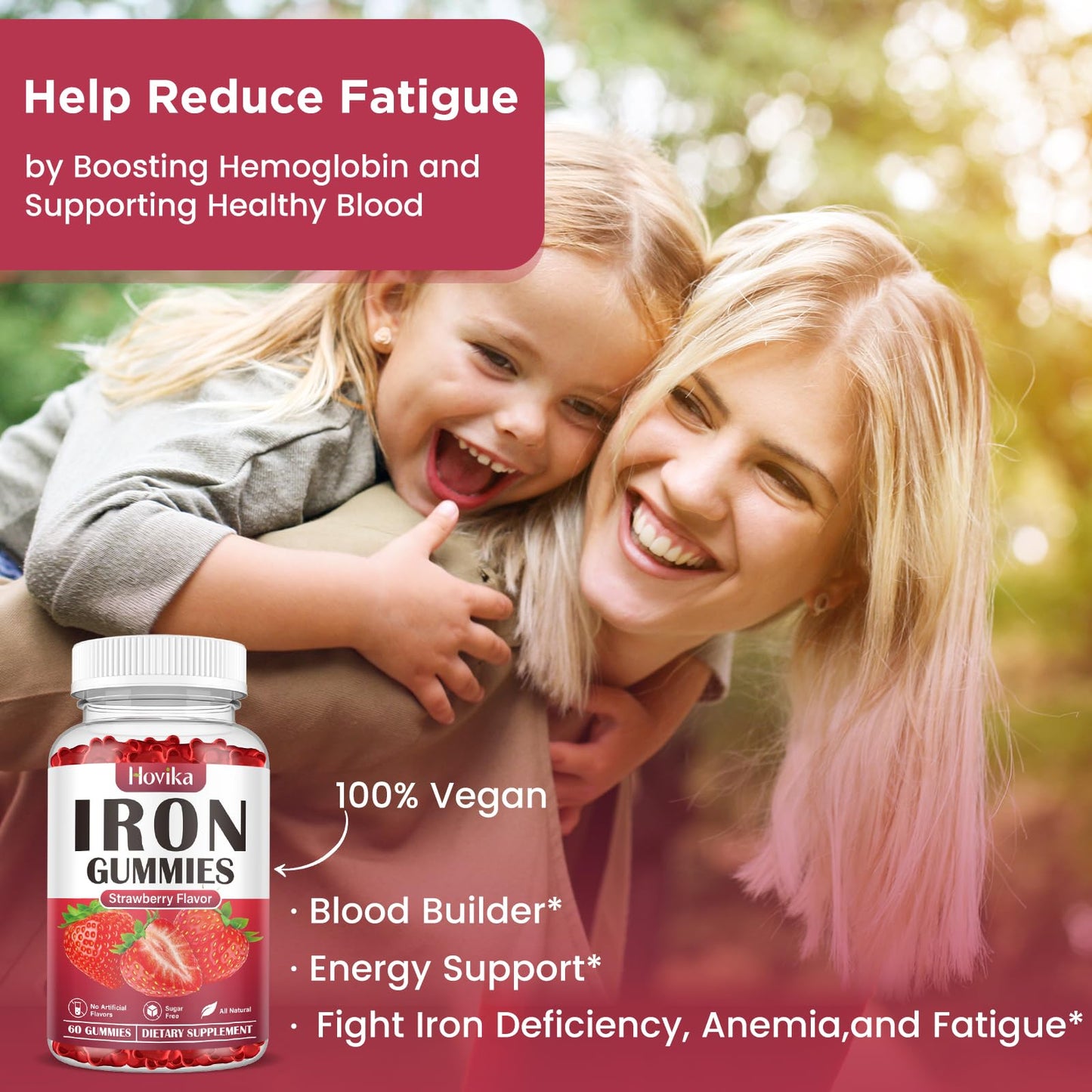 Iron Gummies for Women & Men – Sugar Free Strawberry, 60 Gummies | Iron Bisglycinate with Vitamin C, B12 & Folate
