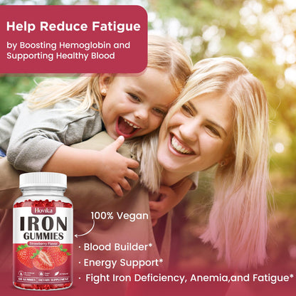 Iron Gummies for Women & Men – Sugar Free Strawberry, 60 Gummies | Iron Bisglycinate with Vitamin C, B12 & Folate