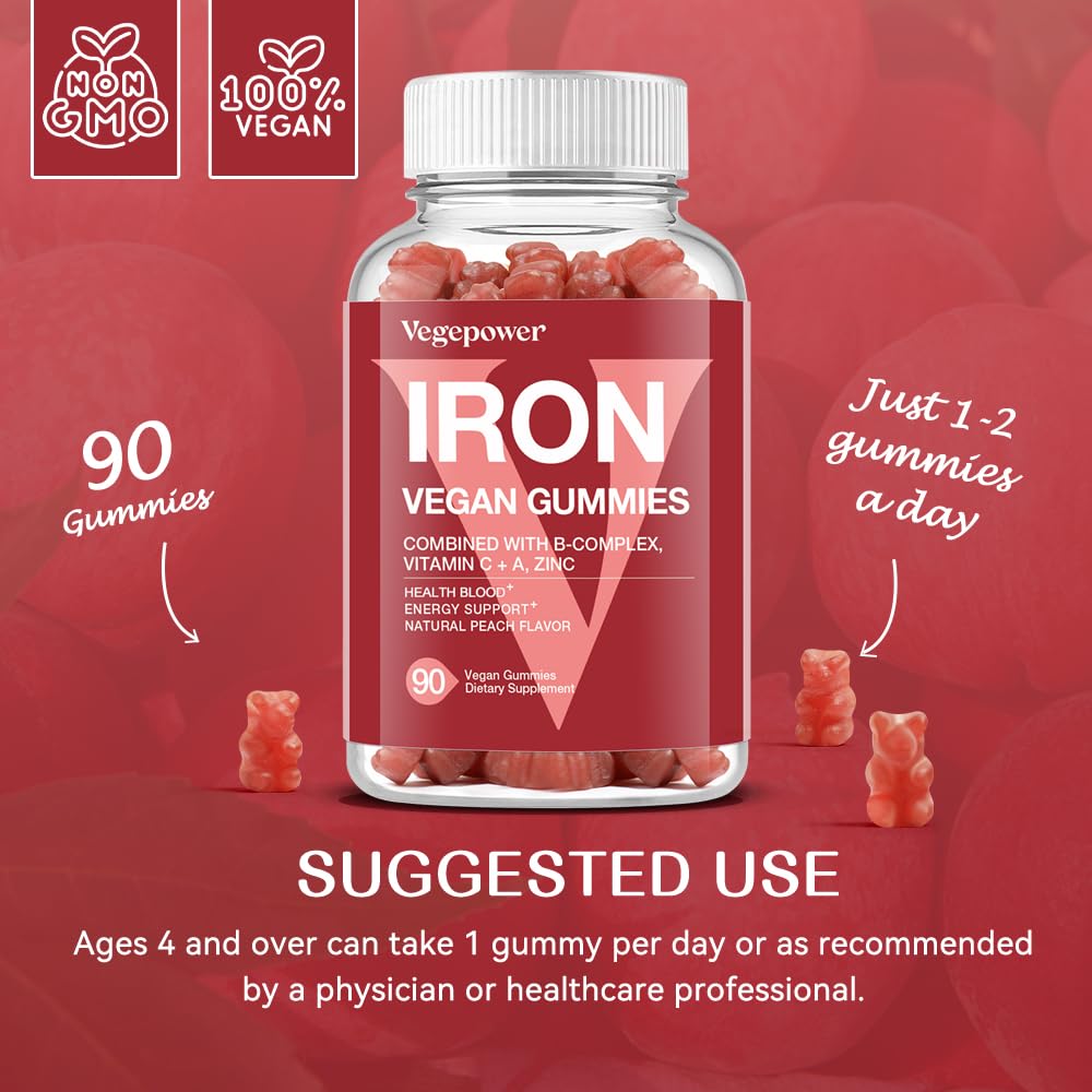 Vegan Iron Gummies with Vitamin C, A, B-Complex, Folate & Zinc – Peach Flavor (90 Ct) for Adults & Kids