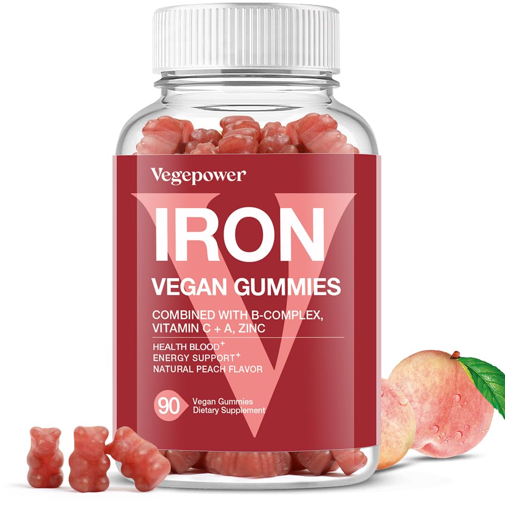 Vegan Iron Gummies with Vitamin C, A, B-Complex, Folate & Zinc – Peach Flavor (90 Ct) for Adults & Kids