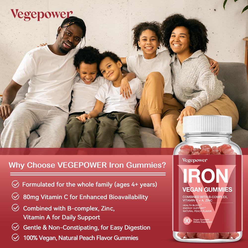 Vegan Iron Gummies with Vitamin C, A, B-Complex, Folate & Zinc – Peach Flavor (90 Ct) for Adults & Kids