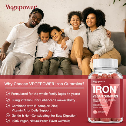 Vegan Iron Gummies with Vitamin C, A, B-Complex, Folate & Zinc – Peach Flavor (90 Ct) for Adults & Kids