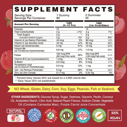 Vegan Iron Gummies with Vitamin C, A, B-Complex, Folate & Zinc – Peach Flavor (90 Ct) for Adults & Kids
