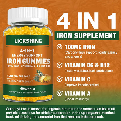 2 Pack Vegan Iron Gummies 100mg – Pineapple Flavor, Vitamin C, A and B – 120 Ct