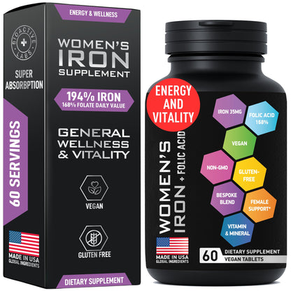 Vegan Iron for Women with Folic Acid | 194% Iron, 168% Folate | Gluten-Free