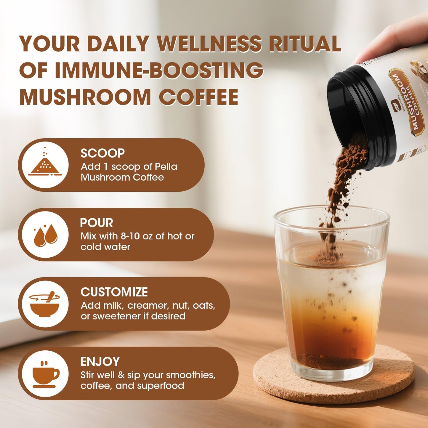 B BEWORTHS Mushroom Coffee with MCT Oil - 10-Mushroom Blend (Arabica) for Focus, Immunity, Gut & Brain Health | Vegan, Keto