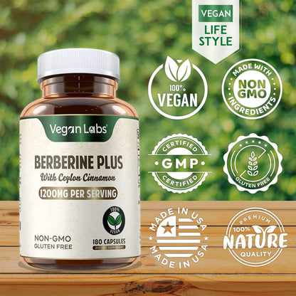 Vegan Labs Berberine HCL 1200MG with Organic Ceylon Cinnamon - 180 Vegan Capsules