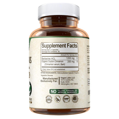 Vegan Labs Berberine HCL 1200MG with Organic Ceylon Cinnamon - 180 Vegan Capsules